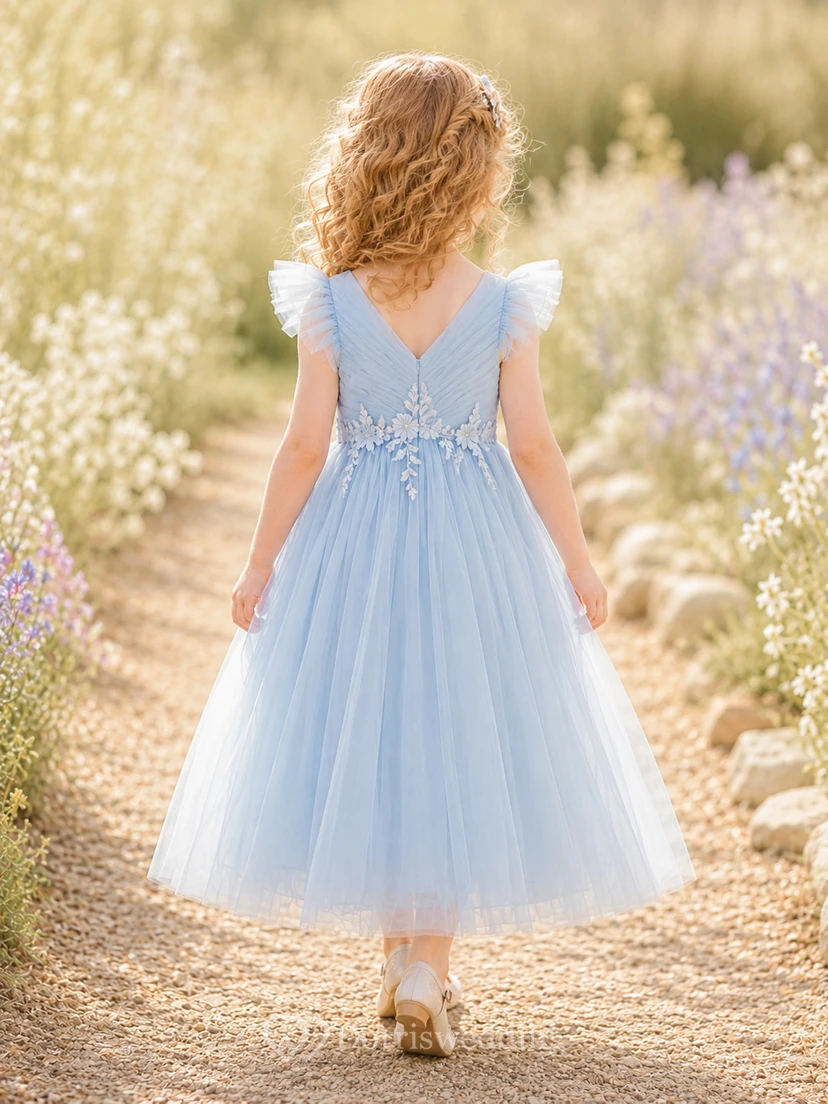 Blumenmädchenkleid, himmelblau, Tüll, A-Linie, Rundhalsausschnitt, Teelänge, Schleifendetail view 2