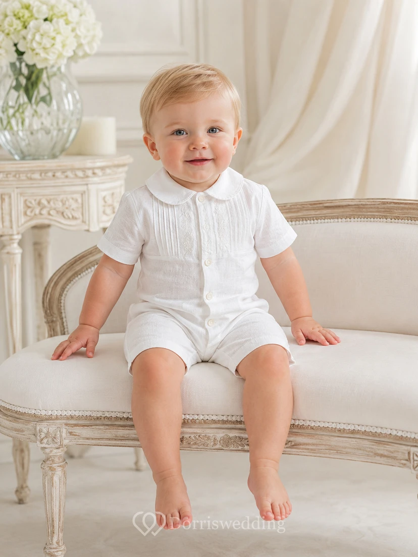 White Pintuck Button Front Short Sleeve Infant Christening Romper for Baby Boy