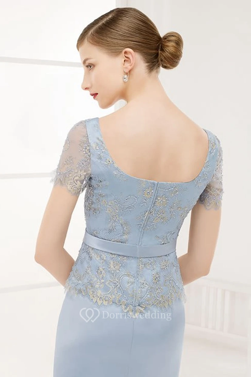 Robe de bal en satin longueur genou, col carré, dos carré, manches courtes et nœud. view 2