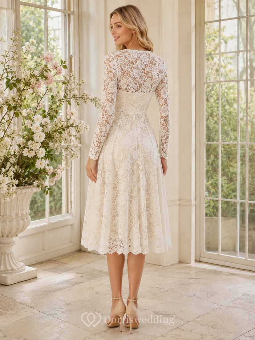 Ivory V-Neck Long Illusion Sleeve Lace A-Line Tea Dress Garden view 2