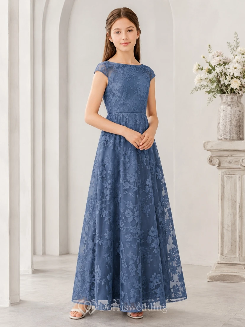Vestido de dama de honor juvenil azul rey, corte A, escote barco, manga corta, estampado floral vintage
