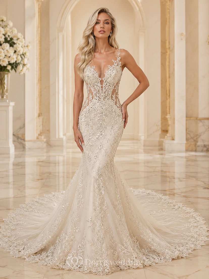Robe de mariée sirène en dentelle botanique, col en V, sans manches, traîne cathédrale