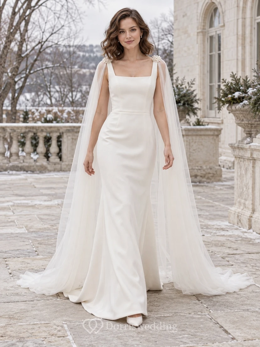 Vestido de novia sencillo de corte recto con capa de tul satinado y escote cuadrado