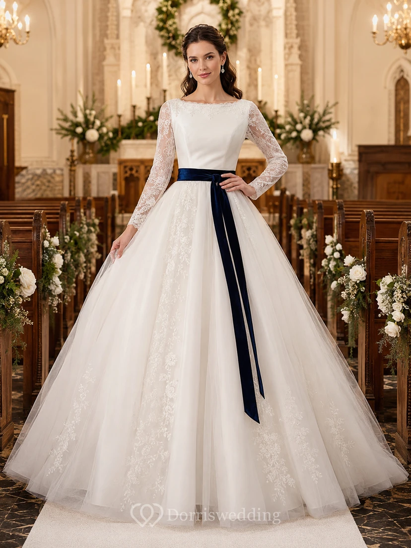 Winter Church Lace Sleeve Ball Gown Velvet Sash Dress