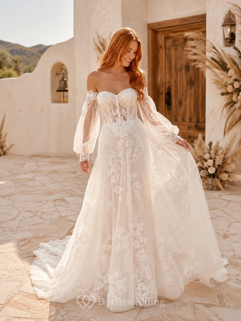 Spitzenkleid in A-Linie, schulterfrei, mit Poetenärmeln, Stufenrock und Bohème-Stil – ein perfektes Kleid für eine intime Hochzeit im Boho-Stil