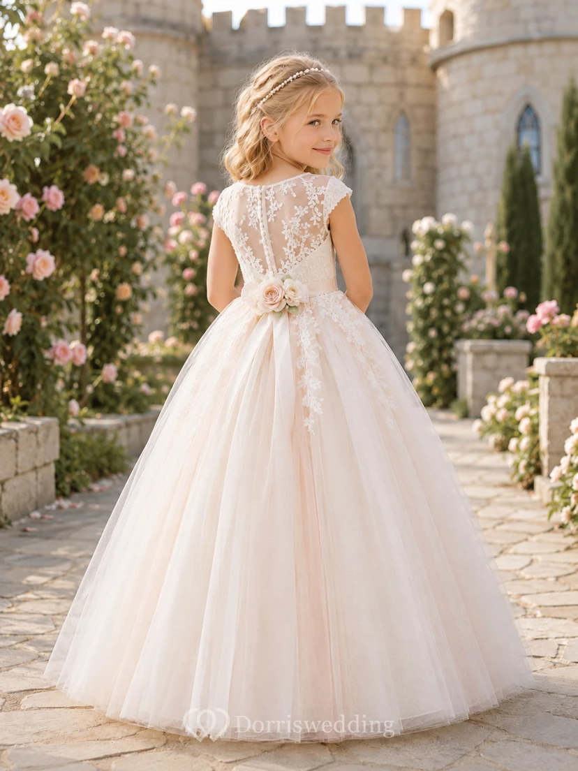 Blush Flower Girl Dress with Illusion Lace Cap Sleeves, Floor-Length Ball Gown Tulle Skirt and Dimensional Rose Waist Appliques view 2