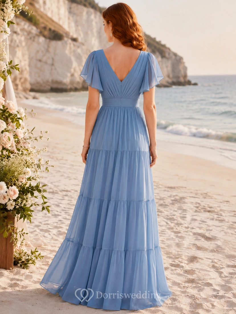 Blue V-neck flutter sleeve tiered chiffon maxi dress view 2