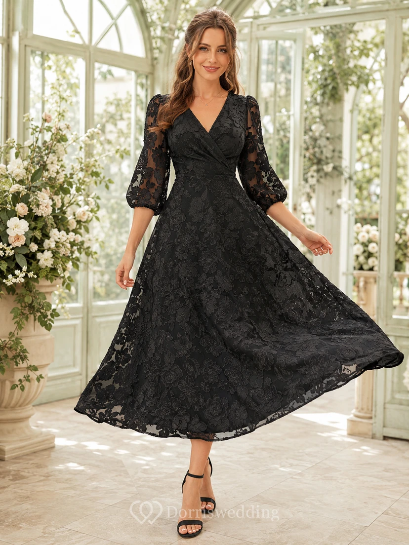 Black V-Neck Three-Quarter Lace Sleeve A-Line Tea Wedding Guest Dress