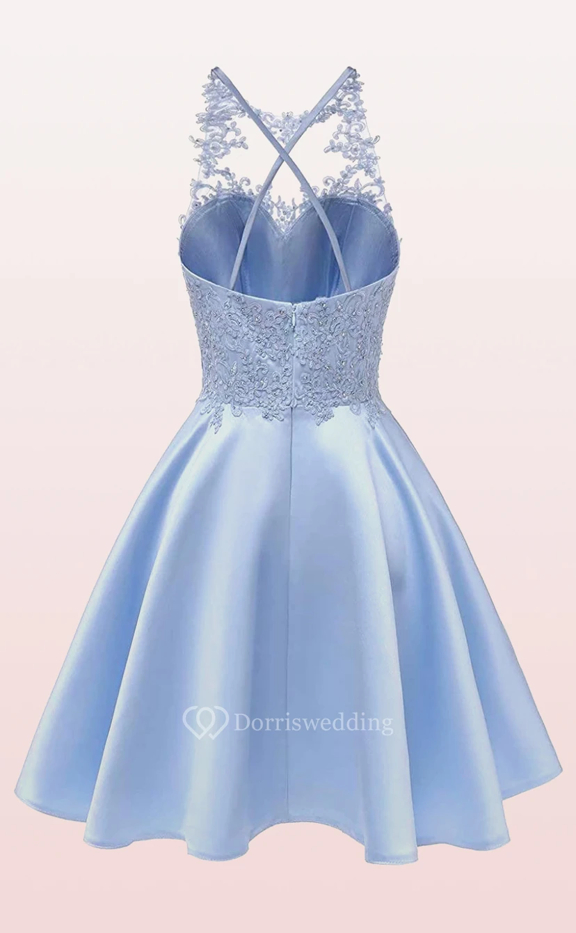 Satin Lace Mini A Line Sleeveless Adorable Homecoming Dress with Pleats view 2