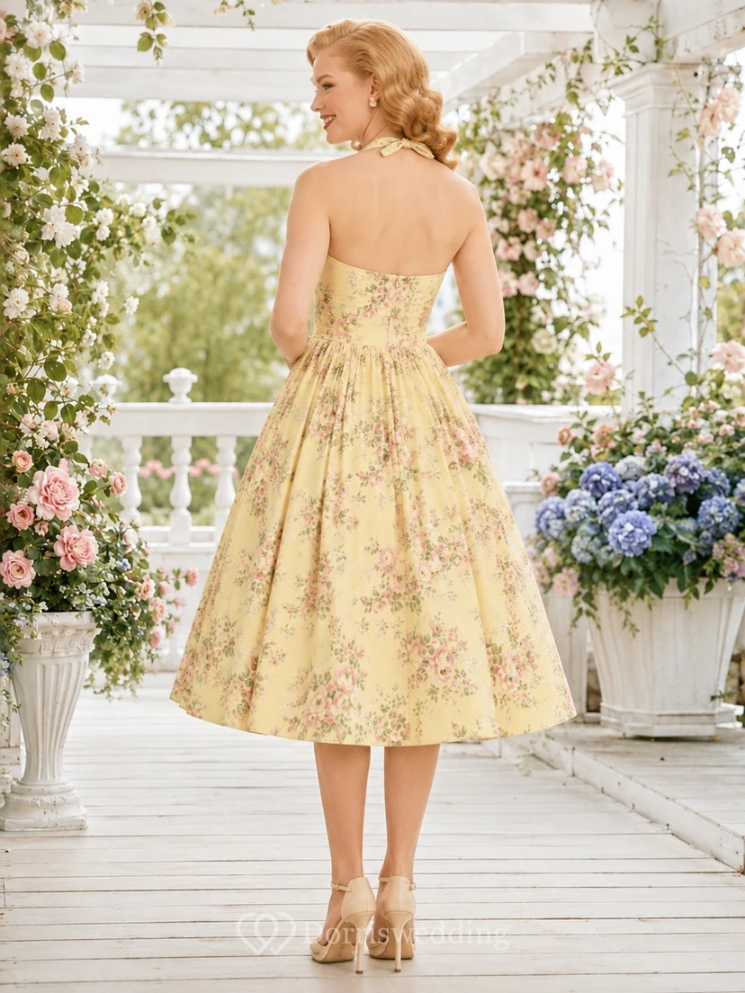 Robe de jardin romantique jaune à fleurs en mousseline de soie, coupe trapèze, longueur thé, col carré, sans manches view 2