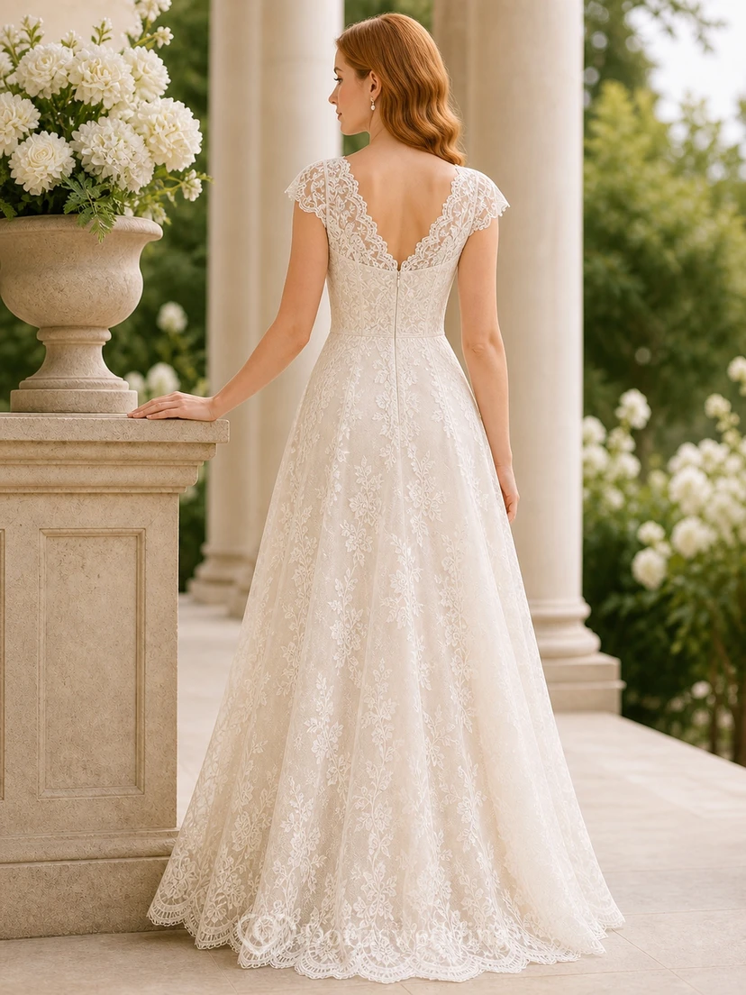 Vestido de novia sencillo y modesto de talla grande con mangas cortas de encaje festoneado y corte en A view 2