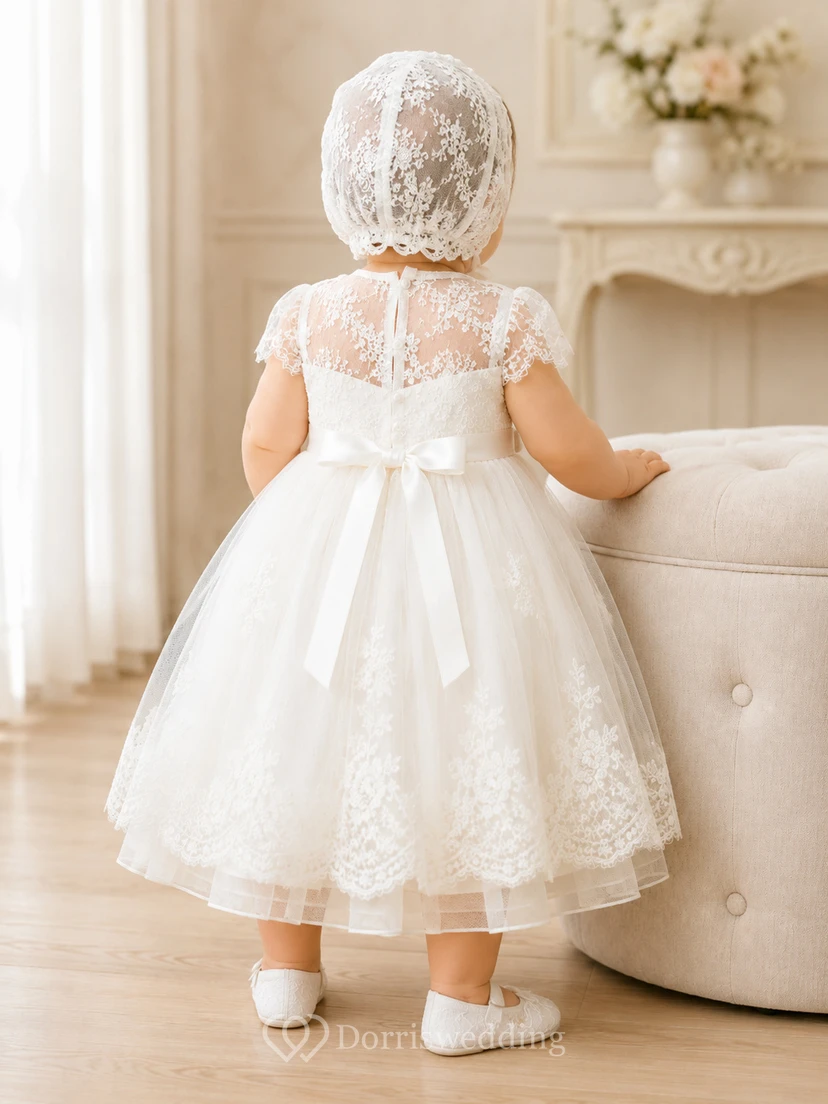 Baby Baptism Christening Ceremony Dress A-Line Tea-Length Jewel Neck Cap Sleeve Tulle Lace Bow Back Scalloped Hem view 2