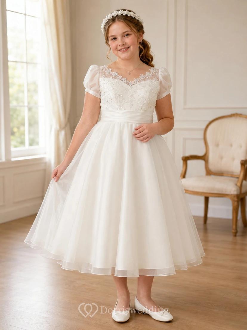 Robe de communion en satin longueur thé à manches bouffantes effet cœur et manches bouffantes.