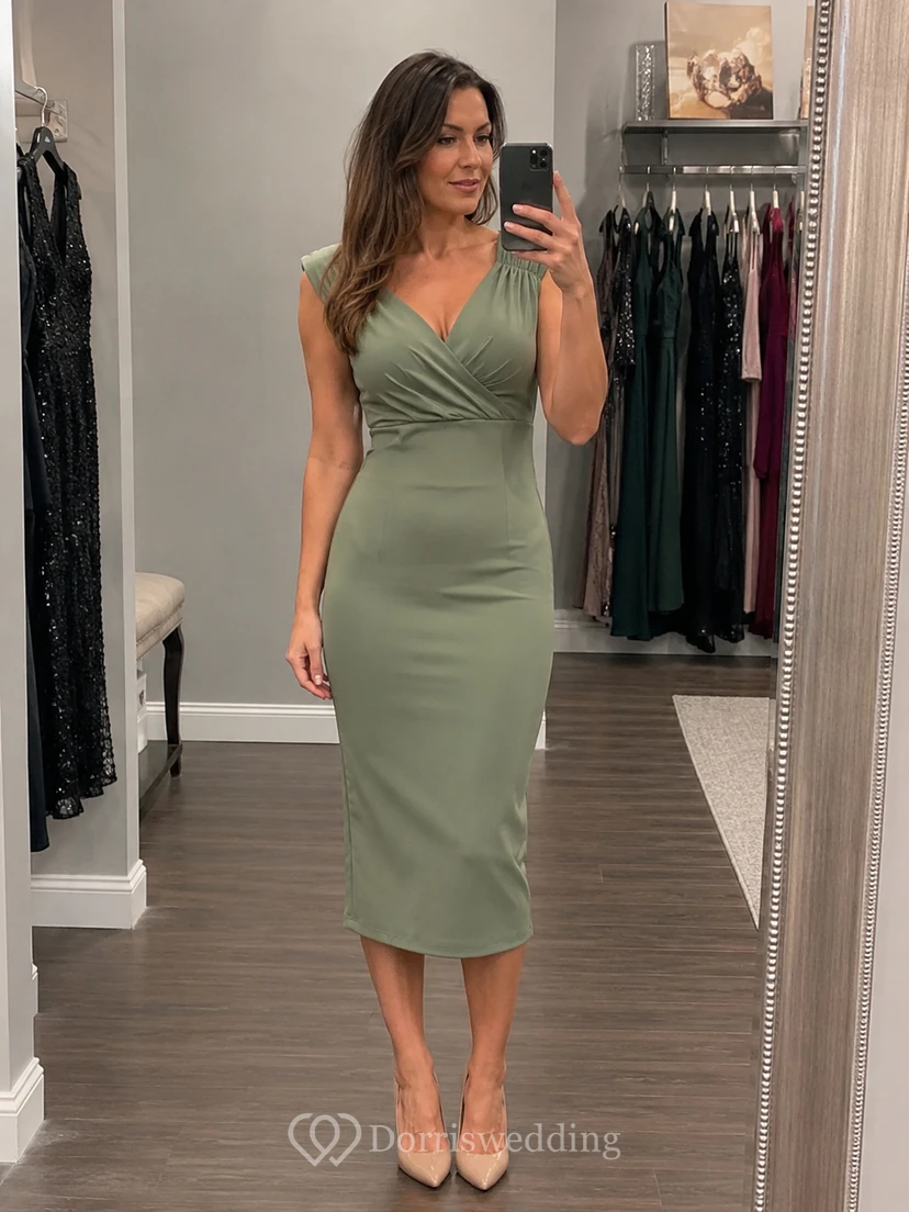 Cap-sleeved V-neck Sheath Dress With Pleats view 8