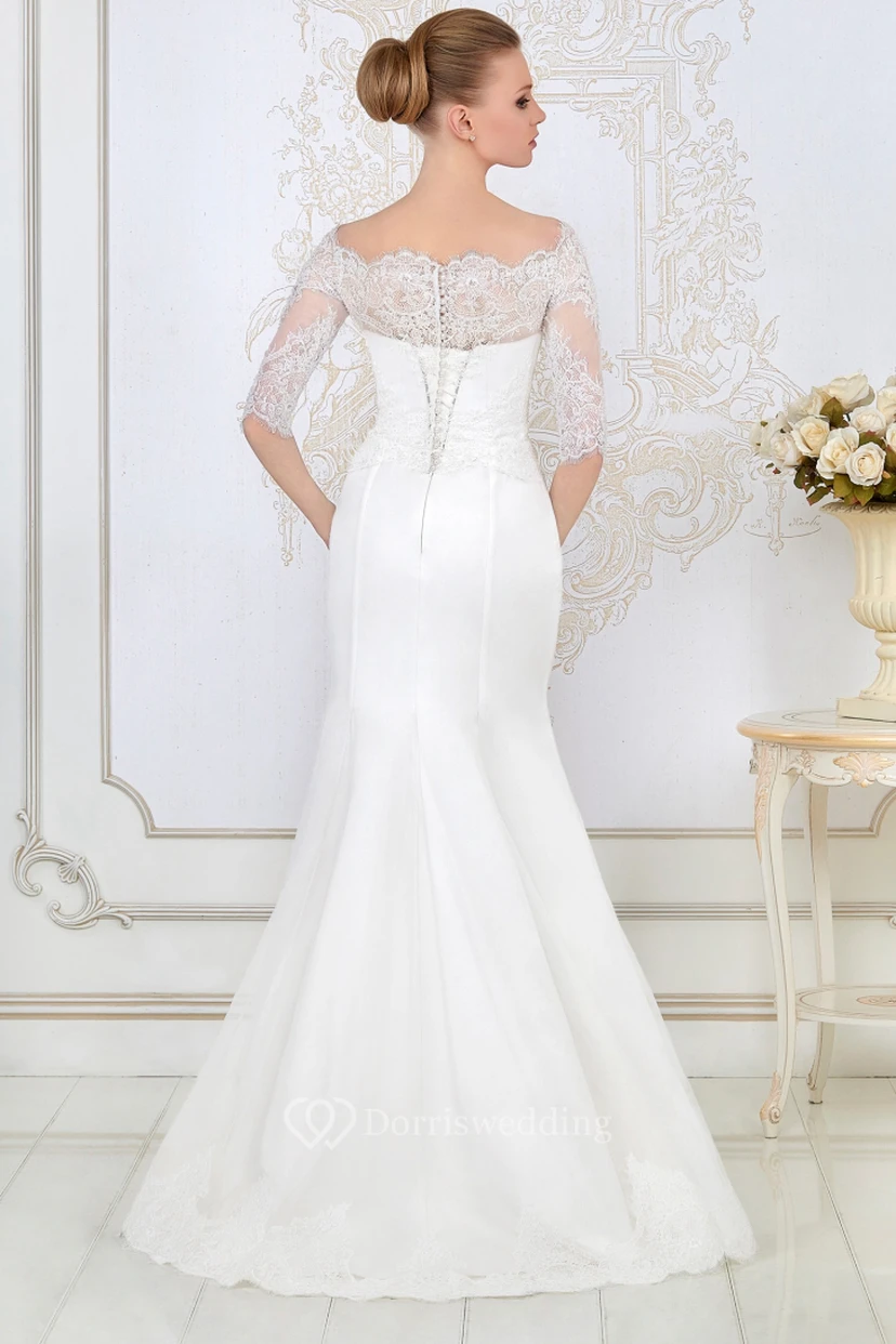 Sheath Floor-Length Appliqued Bateau-Neck Half-Sleeve Lace&Satin Wedding Dress view 2