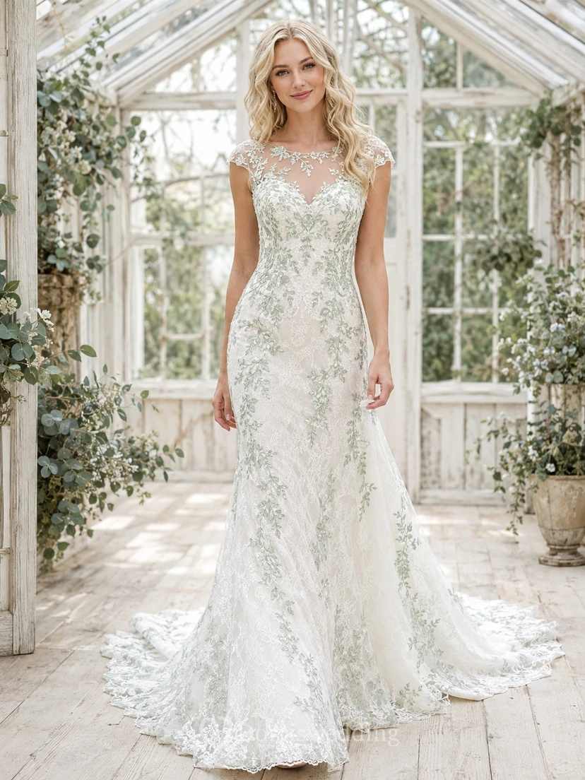 Robe de mariée sirène/trompette à empiècements céladon, sans manches, col en V, traîne chapelle, romantique et élégante