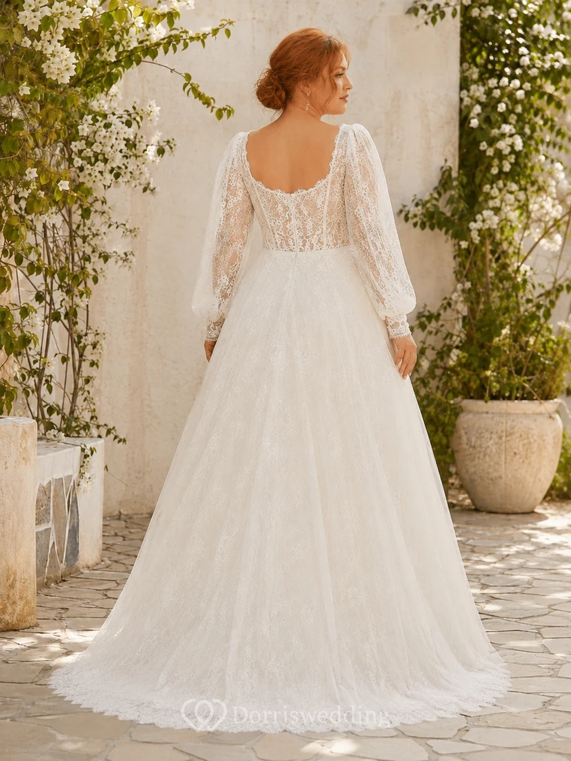 Plus Size Langarm-Hochzeitskleid im Empire-Stil mit eckigem Ausschnitt und Spitze im Boho-Stil view 2