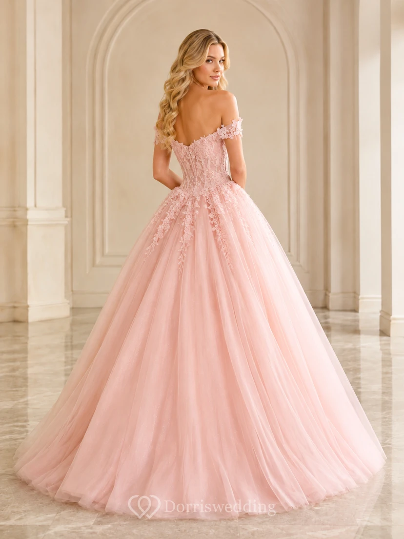 Rosenfarbenes Prinzessinnen-Ballkleid in Blush, bodenlang, schulterfrei, kurze Ärmel, luxuriöses Tüll-Abendkleid view 2