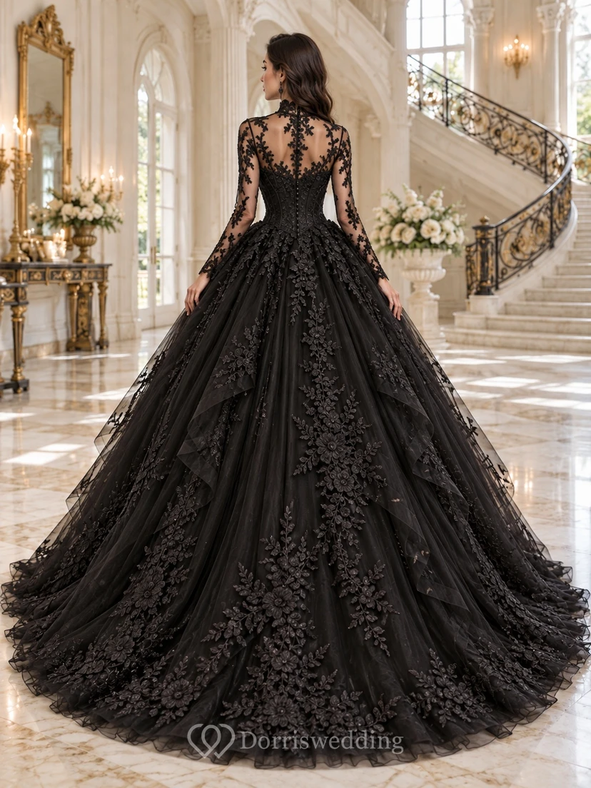 Gothic Black High Neck Long Sleeve Layered Wedding Ball Gown view 2