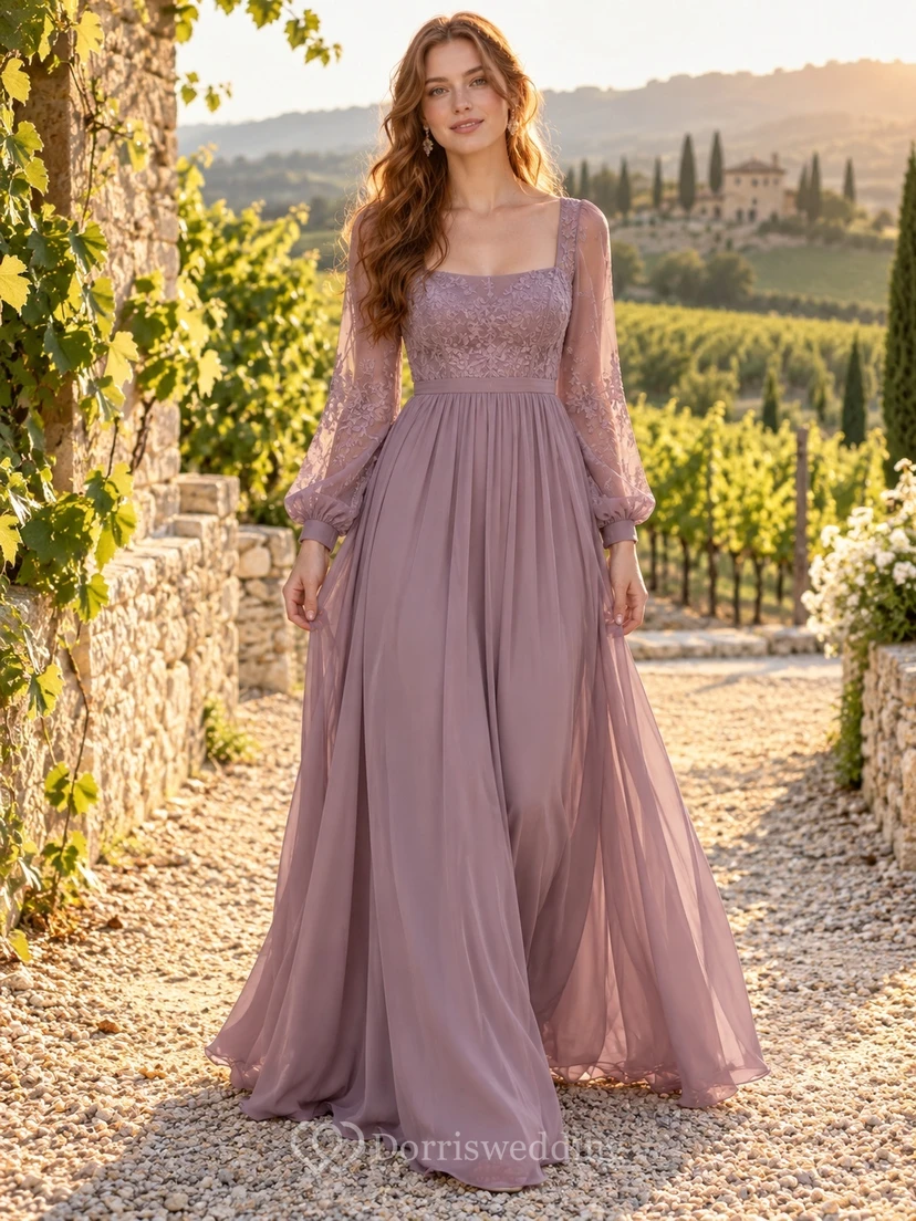 Boho Mauve Long Sleeve Square Neck Lace Chiffon Bridesmaid Dress