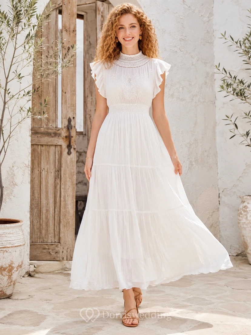 White High Neck Ruffle Sleeve Tiered Chiffon Tea-Length Dress