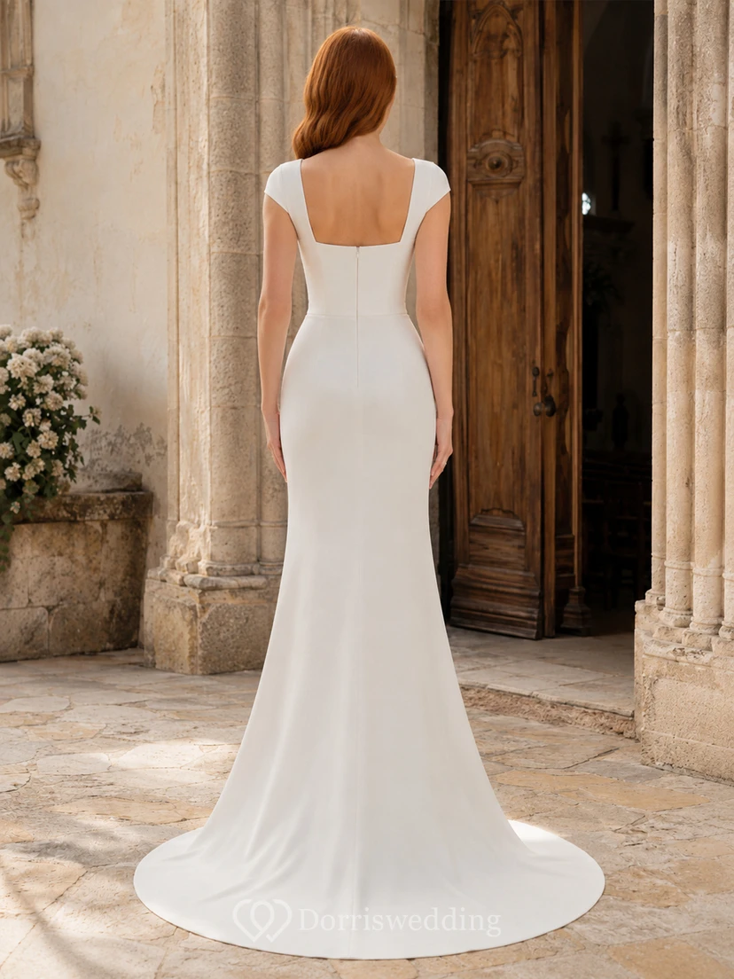 Vestido de novia sencillo de crepé con escote cuadrado y mangas cortas view 2