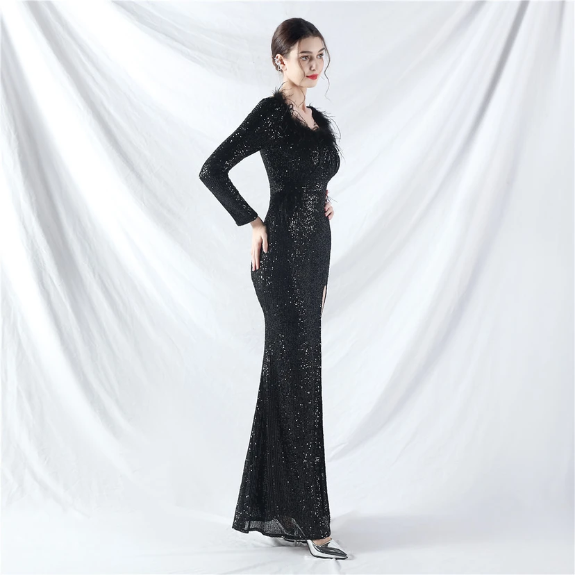 Craft-Made Ostrich Feather Long-Sleeved Beads Evening Dress view 15
