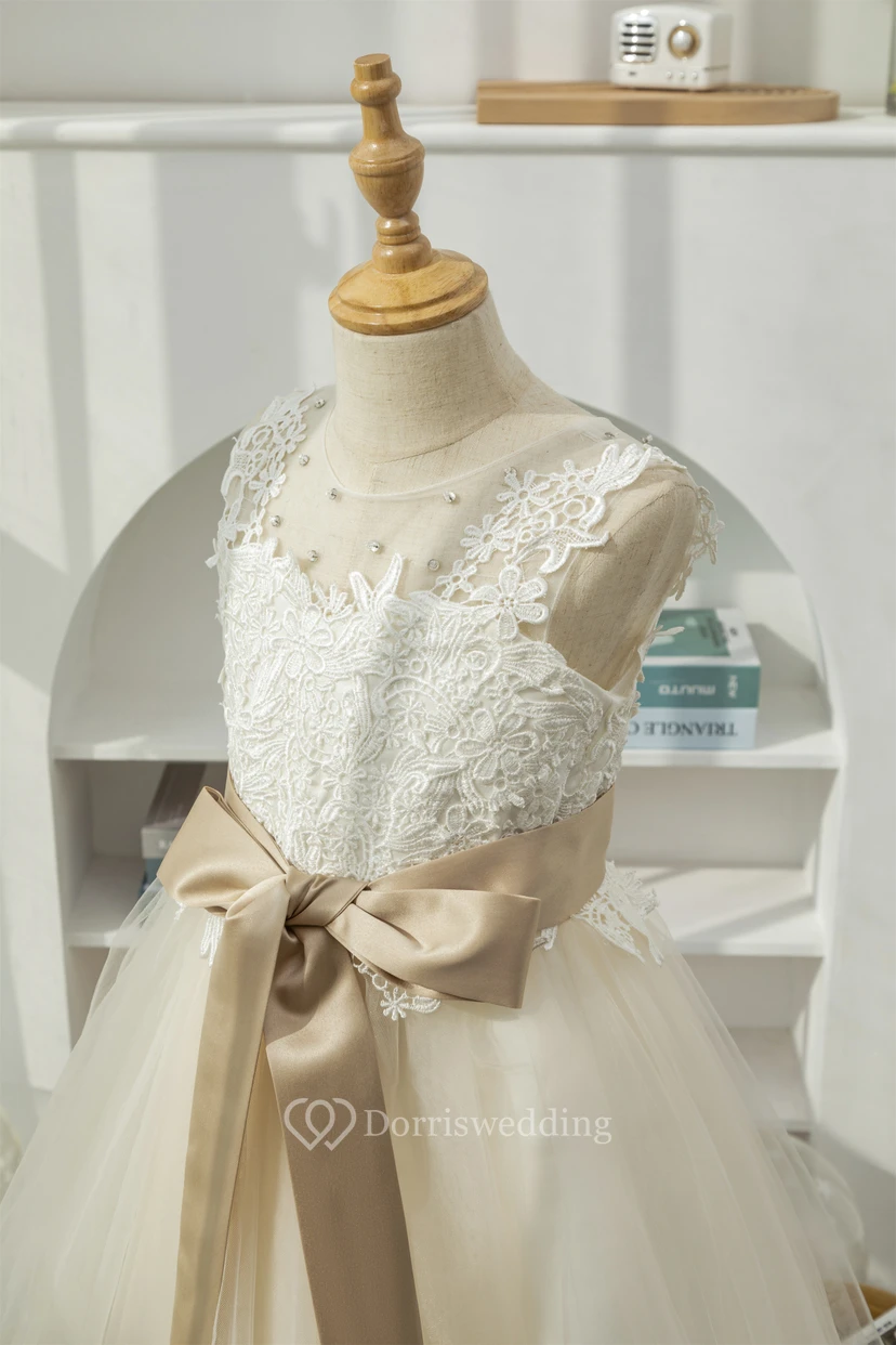 Lace Elegant Tulle A-line Champagne White Flowergirl Dress view 5