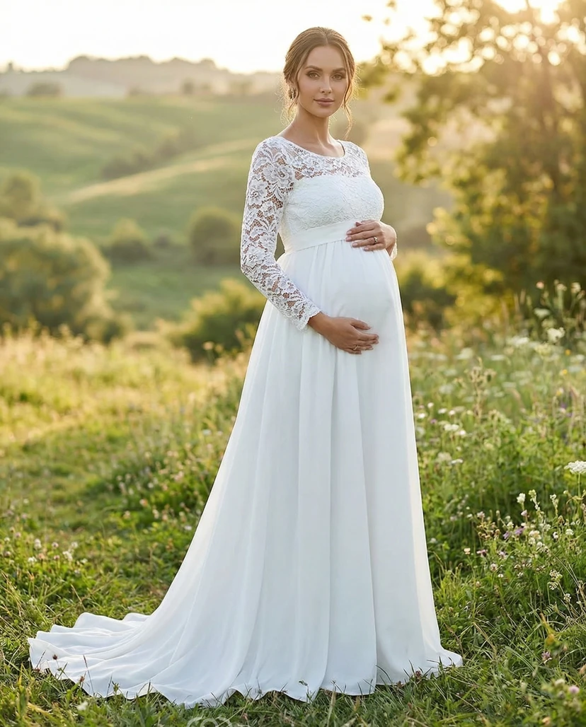 Vestido de novia premamá blanco de encaje de manga larga con escote redondo