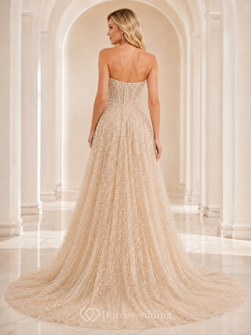 Champagne Sweetheart Sleeveless Sequins A-Line Floor-length Sparkle Gala Dress view 2