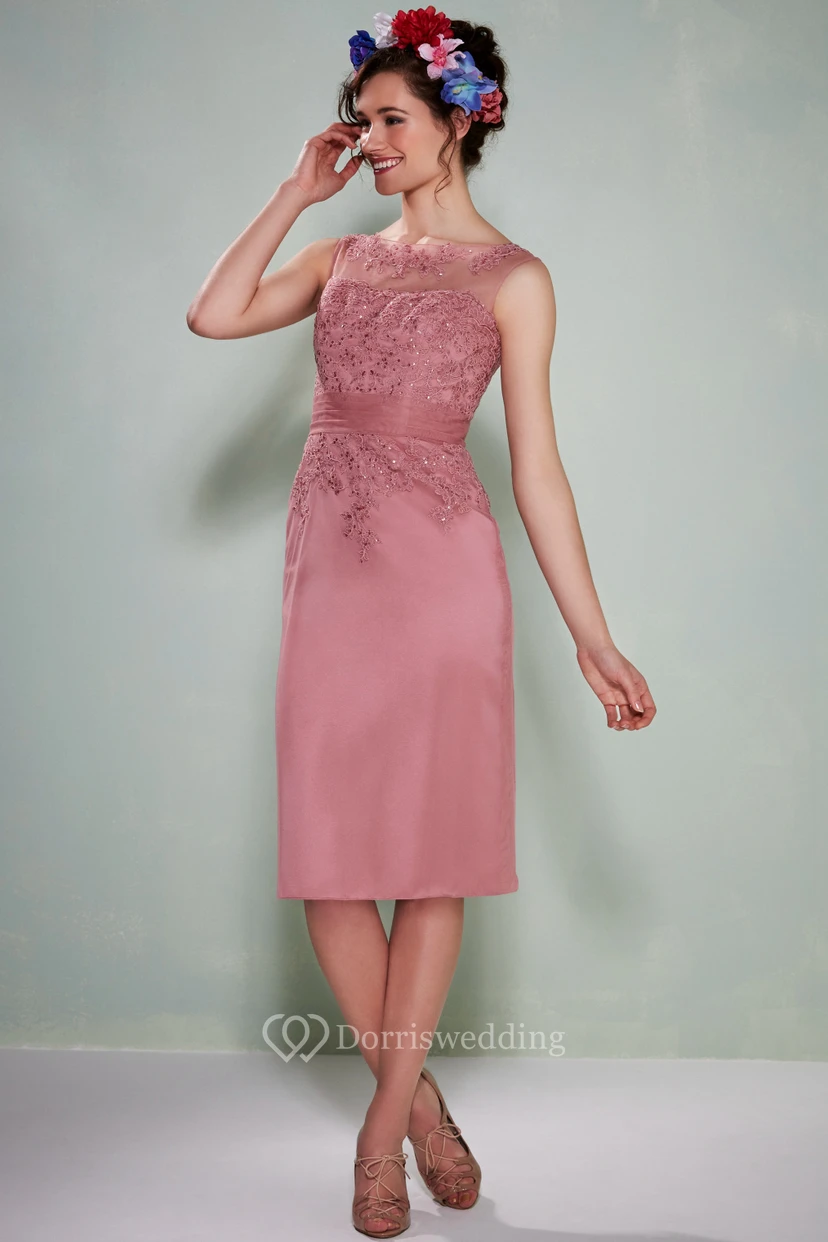 Knee-Length Sleeveless Bateau Neck Appliqued Satin Bridesmaid Dress