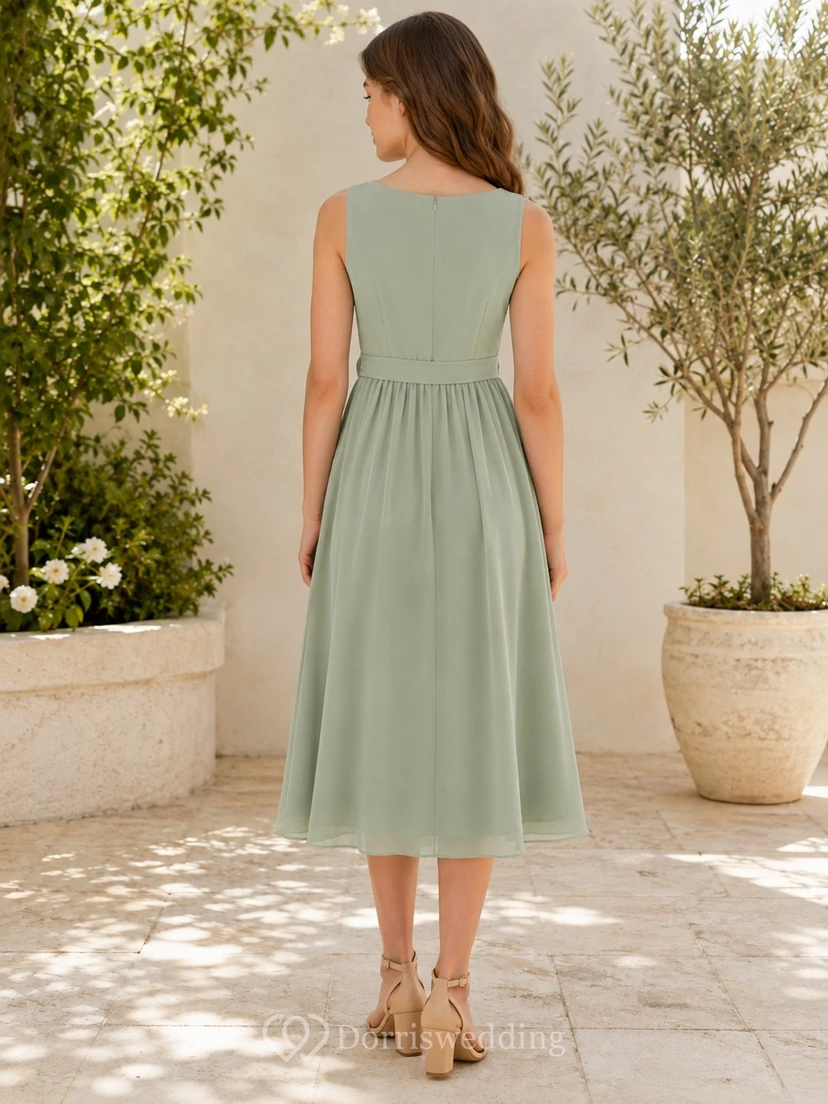 Celadonfarbenes Brautjungfernkleid für junge Mädchen, A-Linie, ärmellos, wadenlang, mit Schleifendetail, bezaubernd view 2