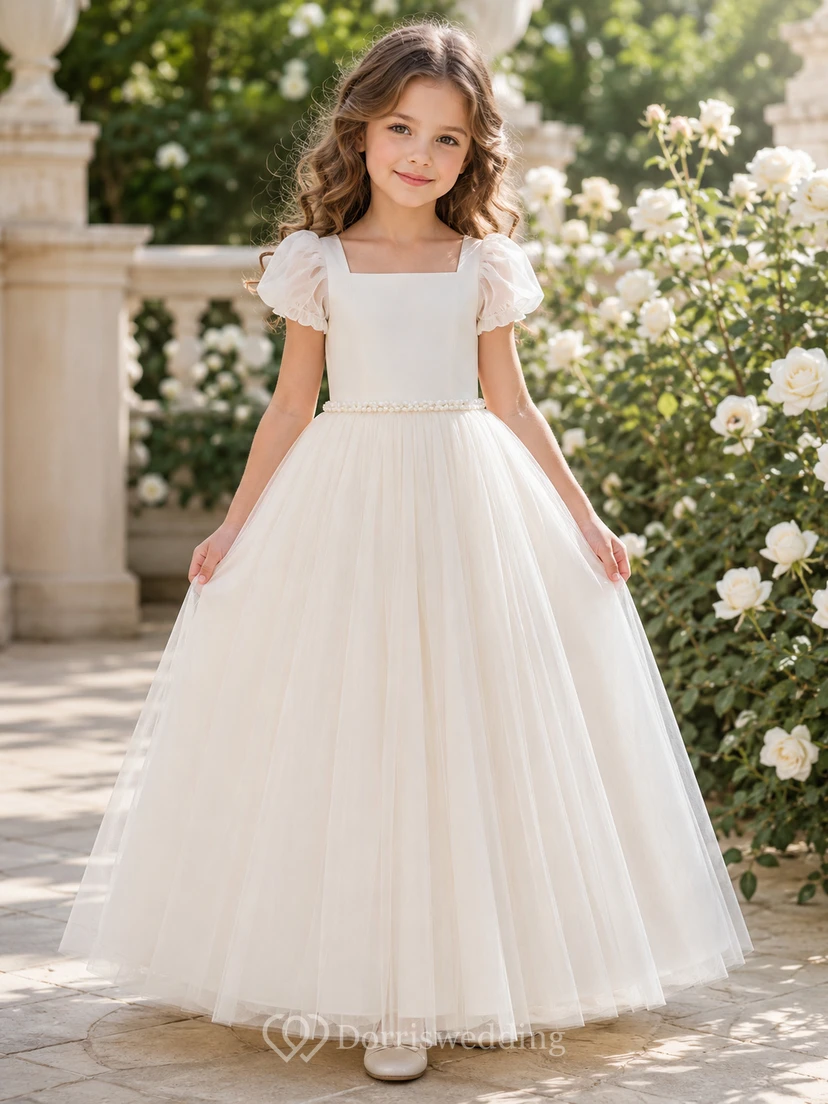 Blumenmädchenkleid, elfenbeinfarben, Tüll, A-Linie, Puffärmel, eckiger Ausschnitt, Teelänge, plissiert