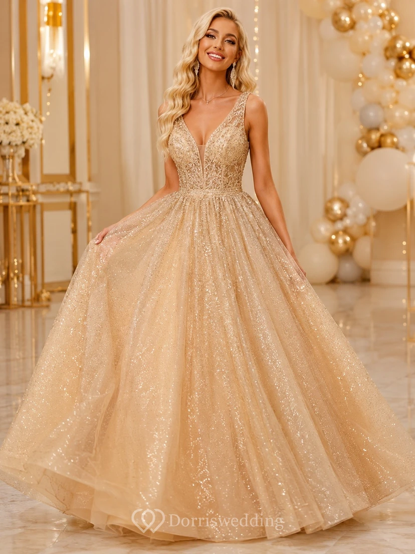 Vestido de fiesta largo hasta el suelo, sin mangas, con escote en V y lentejuelas de tul, color champán.