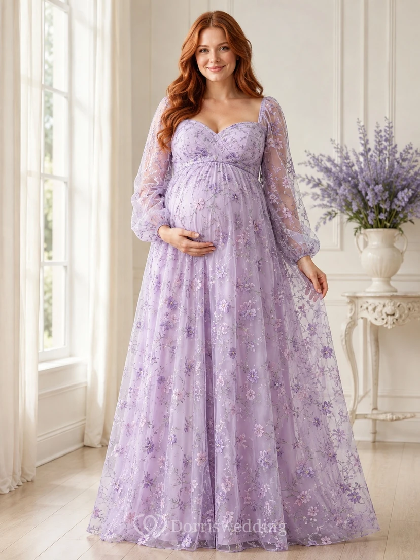 Langärmeliges, lavendelfarbenes, romantisches Chiffon-Umstandskleid mit eckigem Ausschnitt und Empire-Schnitt