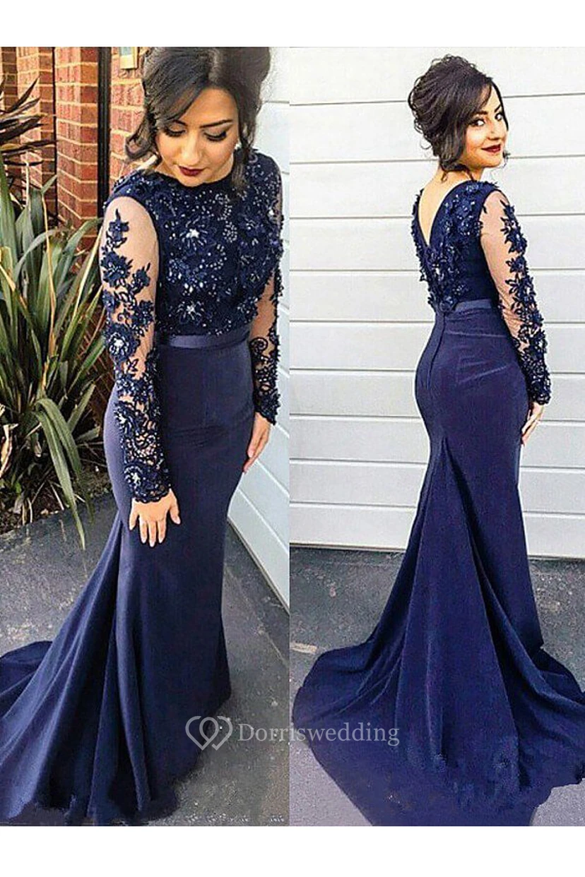 Mermaid Trumpet Satin Lace High Neck Long Sleeve Zipper Low-V Back Dress