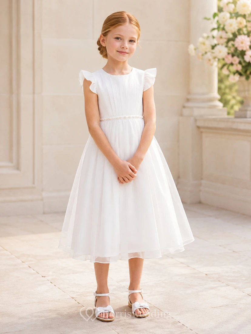 Simple Tulle A-Line Flower Girl Dress with Jewel Neck, Tea-Length Skirt and Pleated Skirt