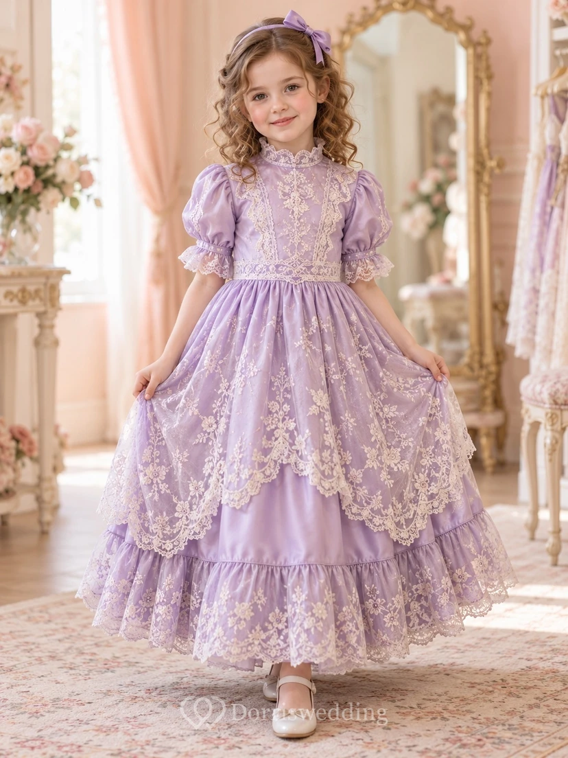 Victorian Lavender High Neck Puff Sleeve Lace Layered Long Flowergirl Dress