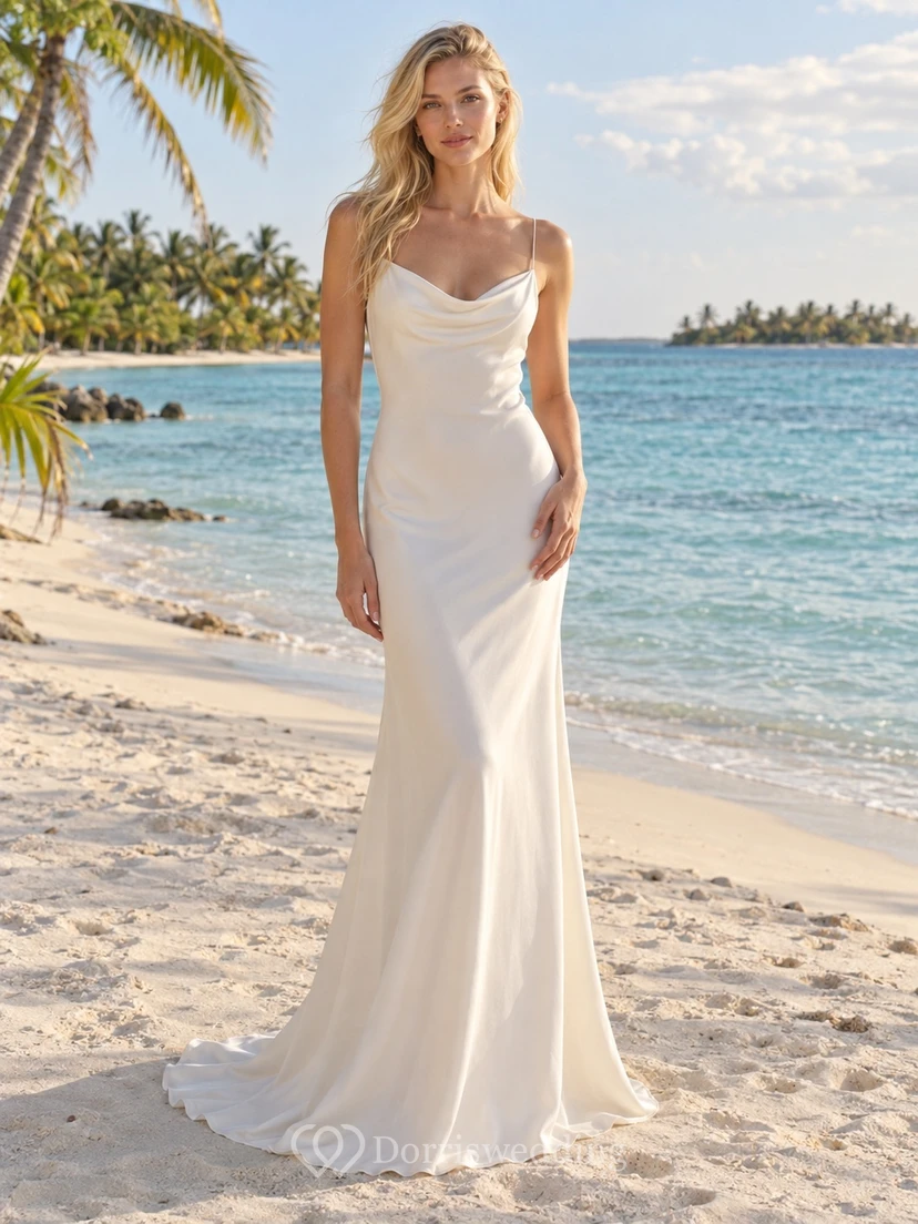 Schlichtes Meerjungfrauen-Brautkleid aus Crêpe mit Wasserfallausschnitt, dünnen Trägern und drapiertem Rücken