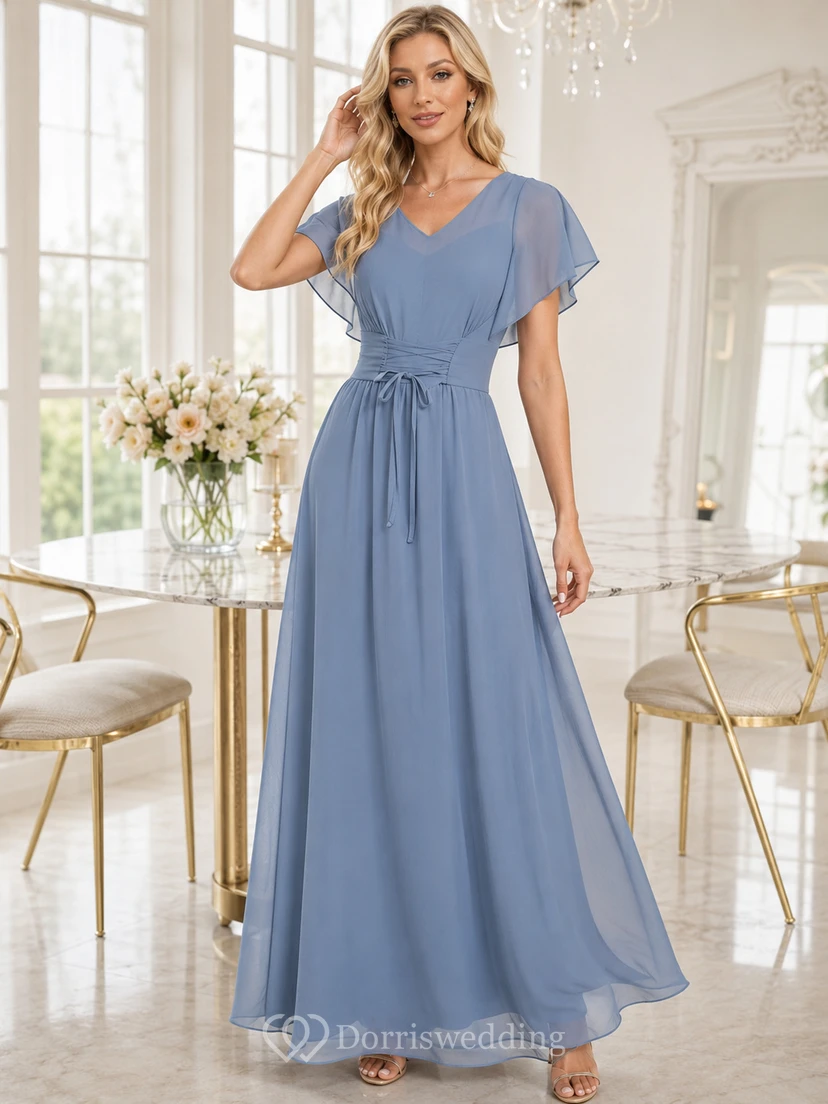 Dusty blue V-neck flutter sleeve chiffon A-line bridesmaid dress
