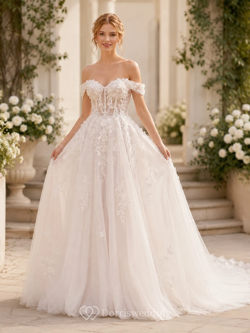 Lace Tulle Wedding Dress A-Line V-Neck Sleeveless Chapel Train Bridal Gown