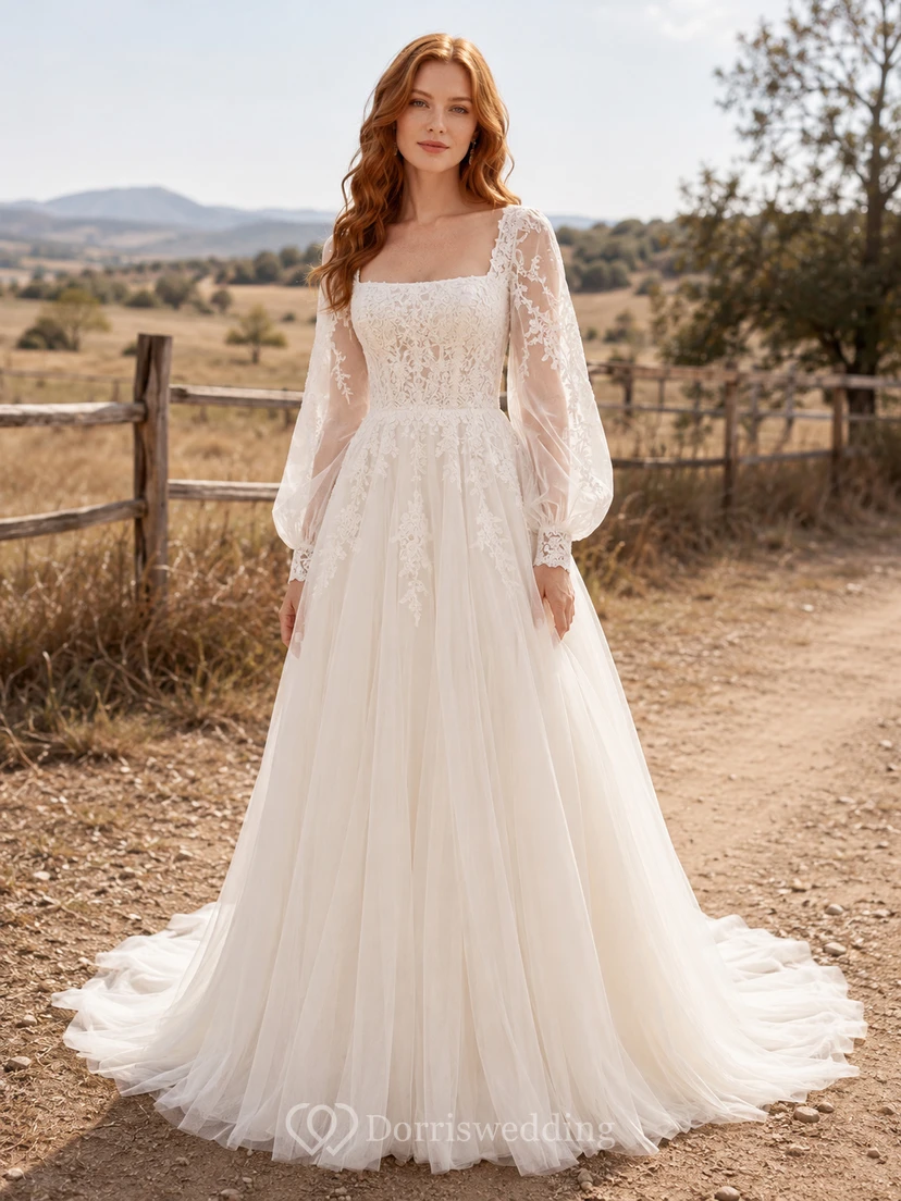 Country Lace Tulle Wedding Dress A-Line Square Neck Long Sleeve Chapel Train Bridal Gown