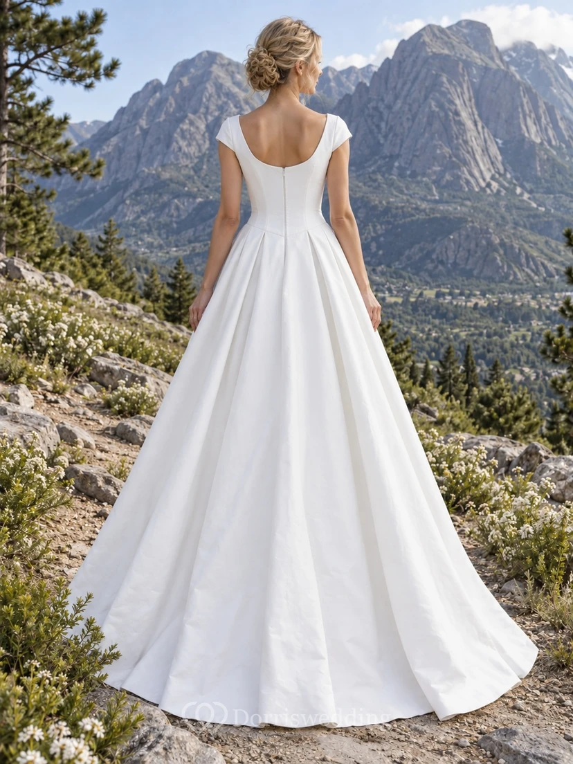 Vestido de novia sencillo de satén con escote redondo, mangas cortas y corte en A, cintura plisada. view 2