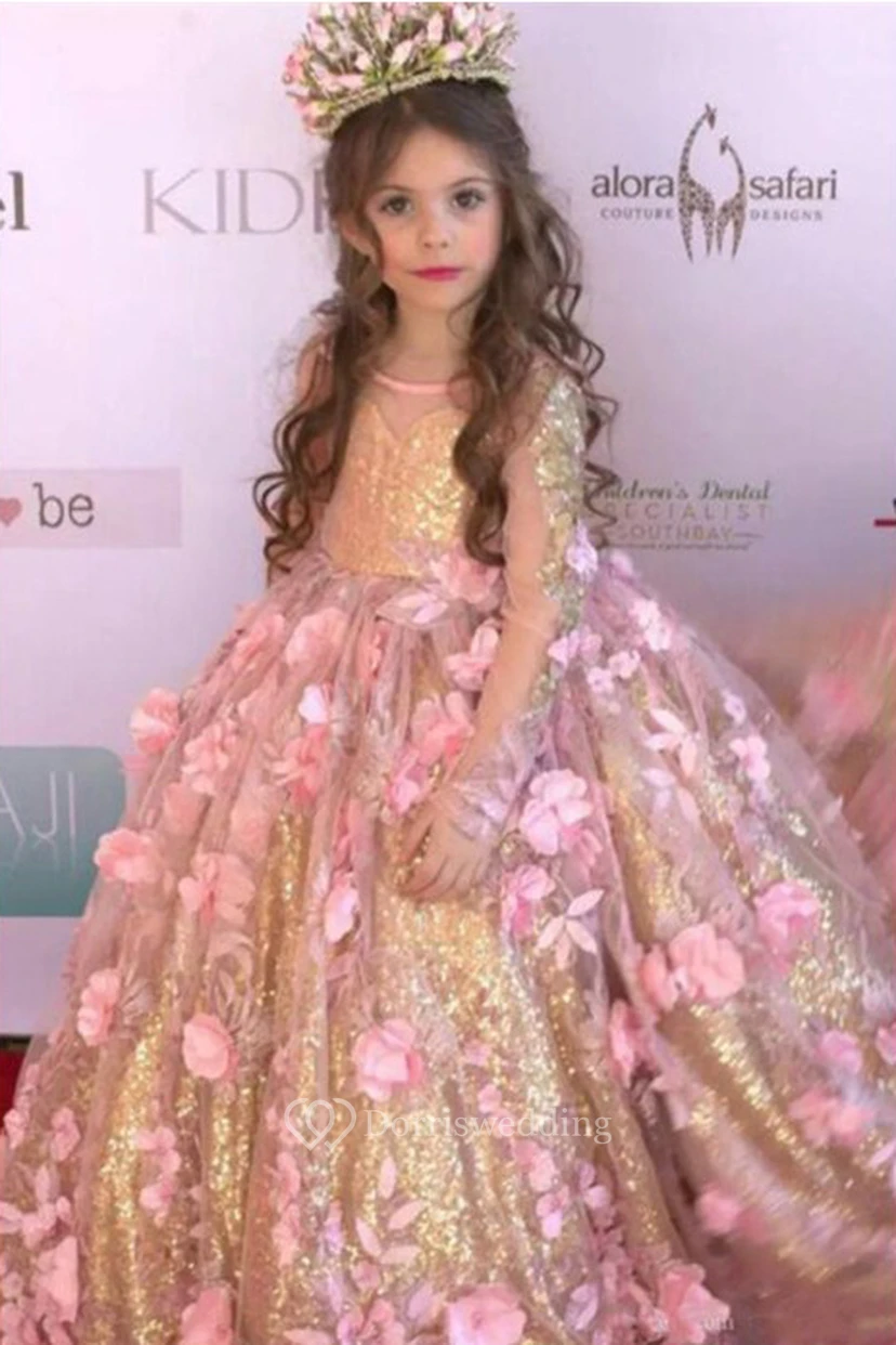 Sequin and Tulle Bateau Long Sleeved Flower Girl Dress with Flowers