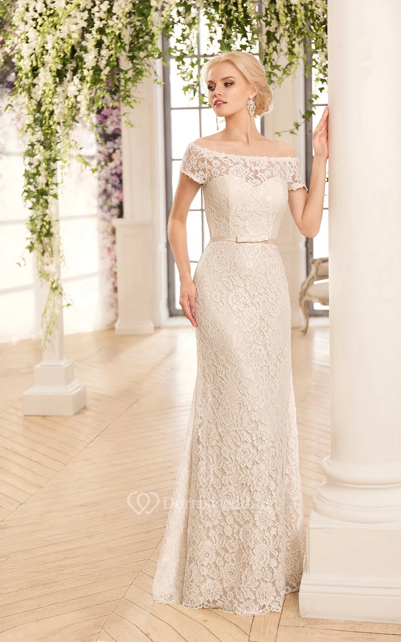 Robe fourreau maxi en dentelle illusion épaules dénudées