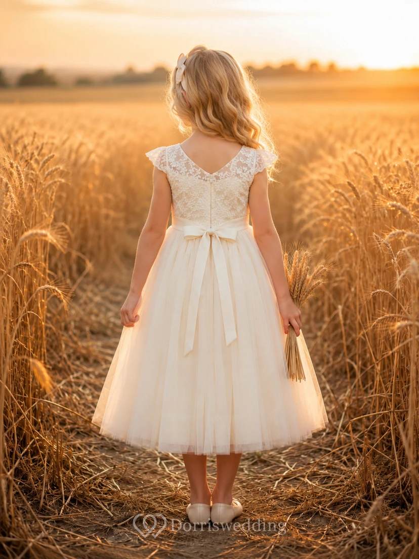 Ländliches Tüllkleid im A-Linien-Stil mit Schleife, kurzen Ärmeln, Rundhalsausschnitt, wadenlangem Rock und Schleifendetail. view 2