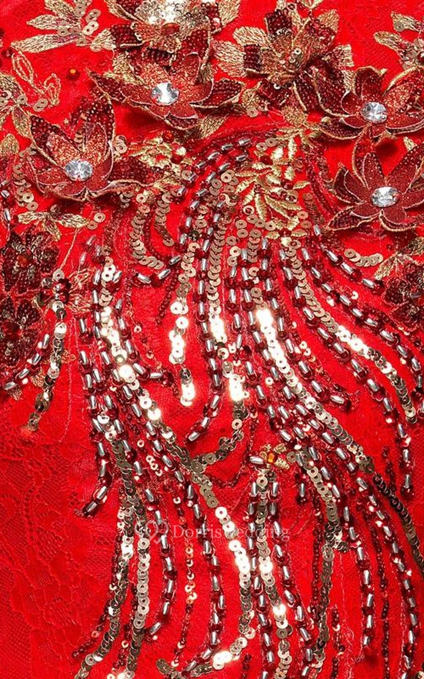 High Neck Cap Sleeves Appliques Beading Asymmetry Prom Dress view 7