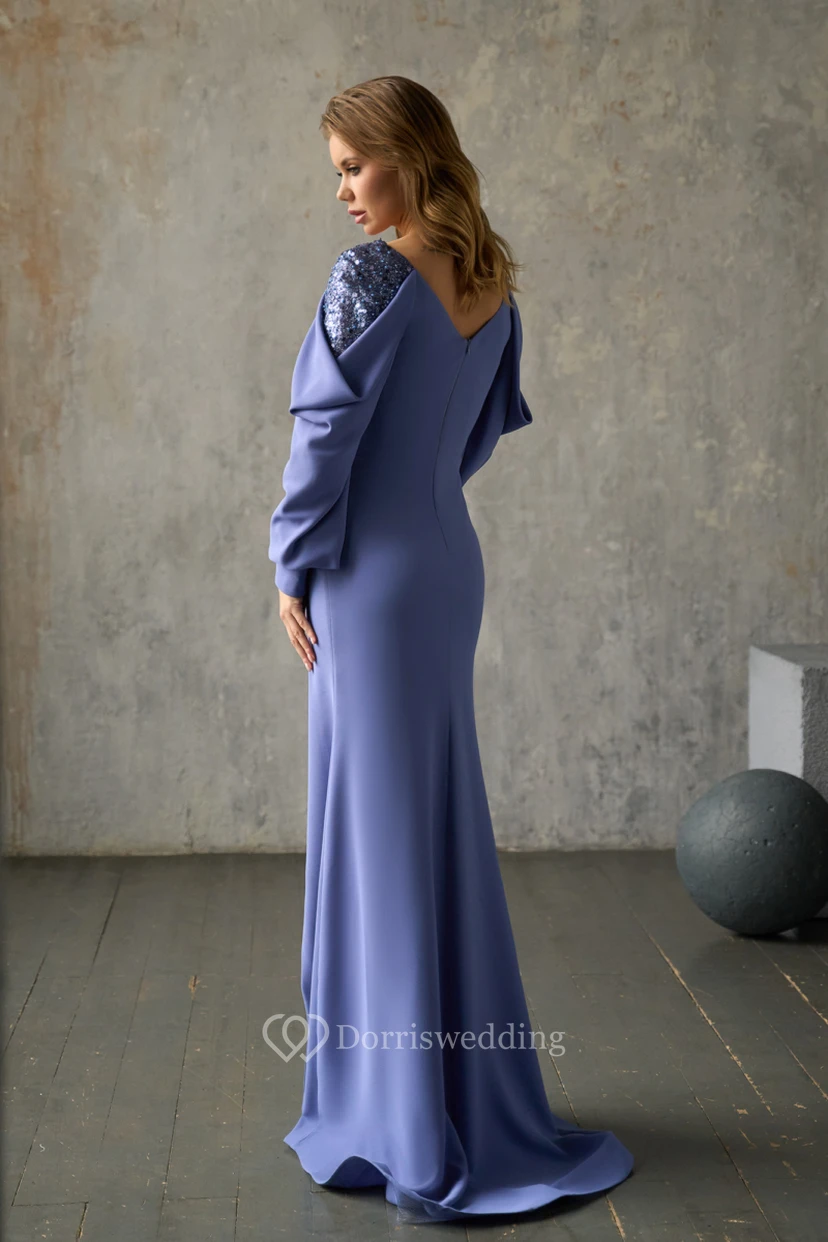 Blue V-neck Sexy Long Sleeve Chiffon Dropped Sequin Dress view 2