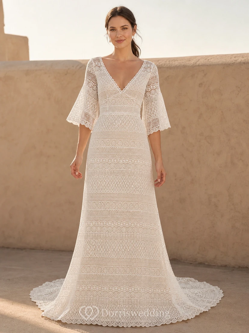 Vestido de novia bohemio de corte recto con escote en V y mangas cortas, estilo tubo, de crochet y rayas, hasta el suelo.