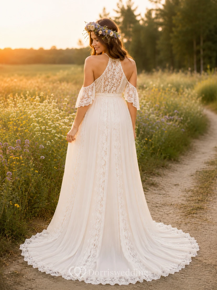 Umstandskleid mit One-Shoulder-Schulter und Spitzenärmeln im Landhausstil für Hochzeiten view 2